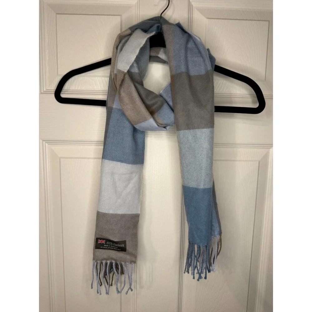 100% Cashmere Scarf Made in Scotland Blue Tan Grey Plaid Block Fringe Scarf